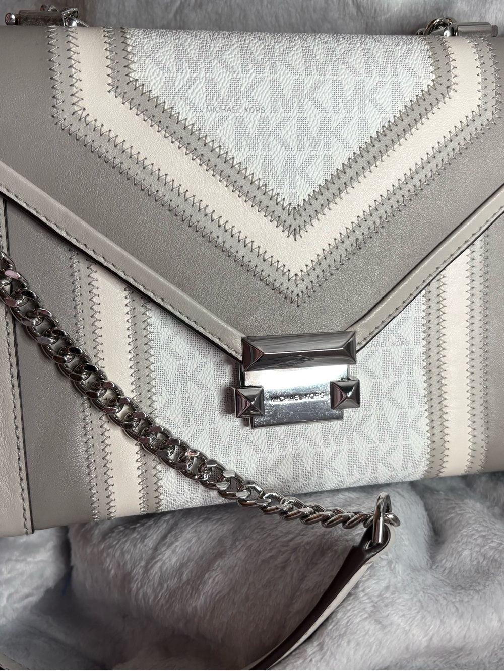 Michael Kors White and Taupe Leather Chain Crossbody Bag